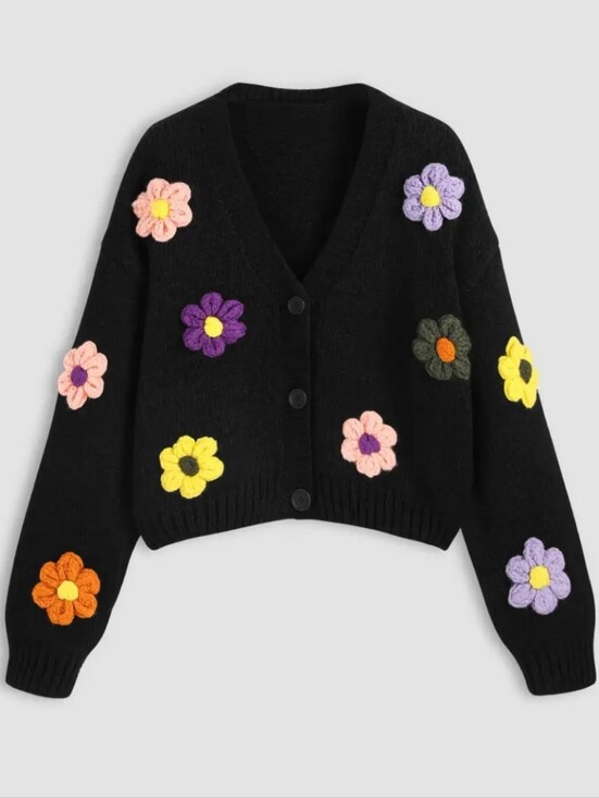 Cider Sweaters - Cider Knit V-neck Button Flower Cardigan NWT Medium
